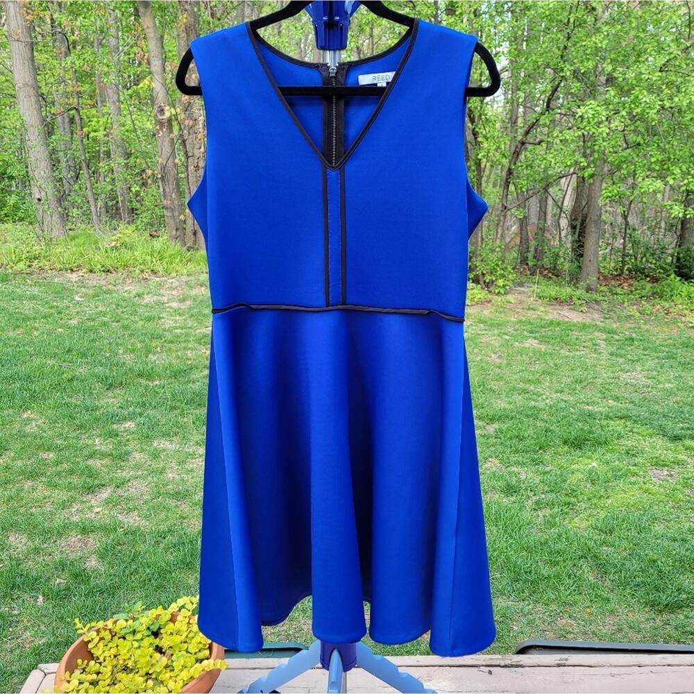 Reed Sleeveless Scuba Dress Fit Flare Marine Blue Black Piping size Large